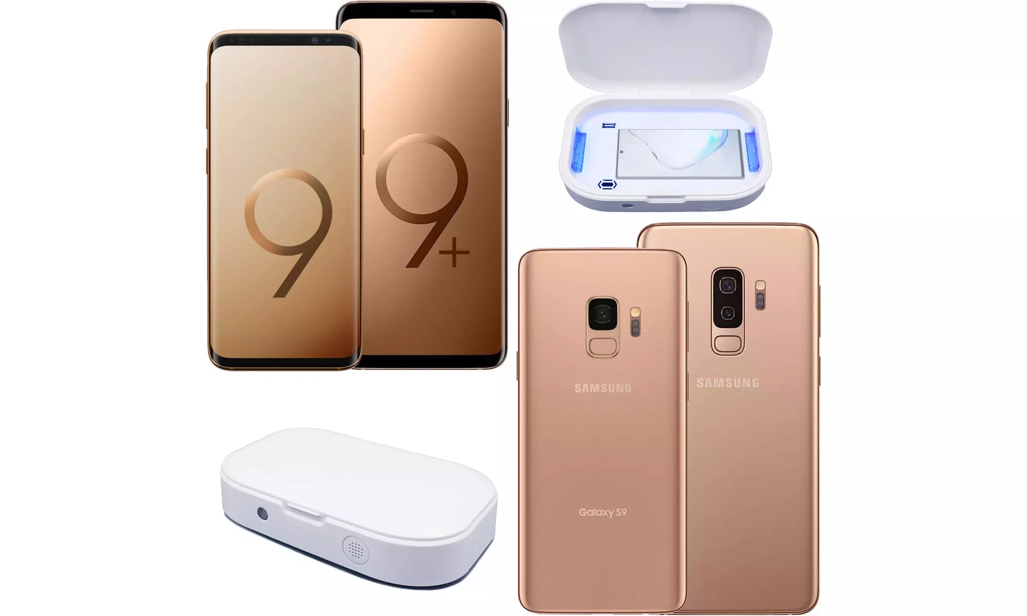 Samsung Galaxy S9/S9 Plus Gold Unlocked Smartphone & UV Sanitizer box, A Grade - Primary Image
