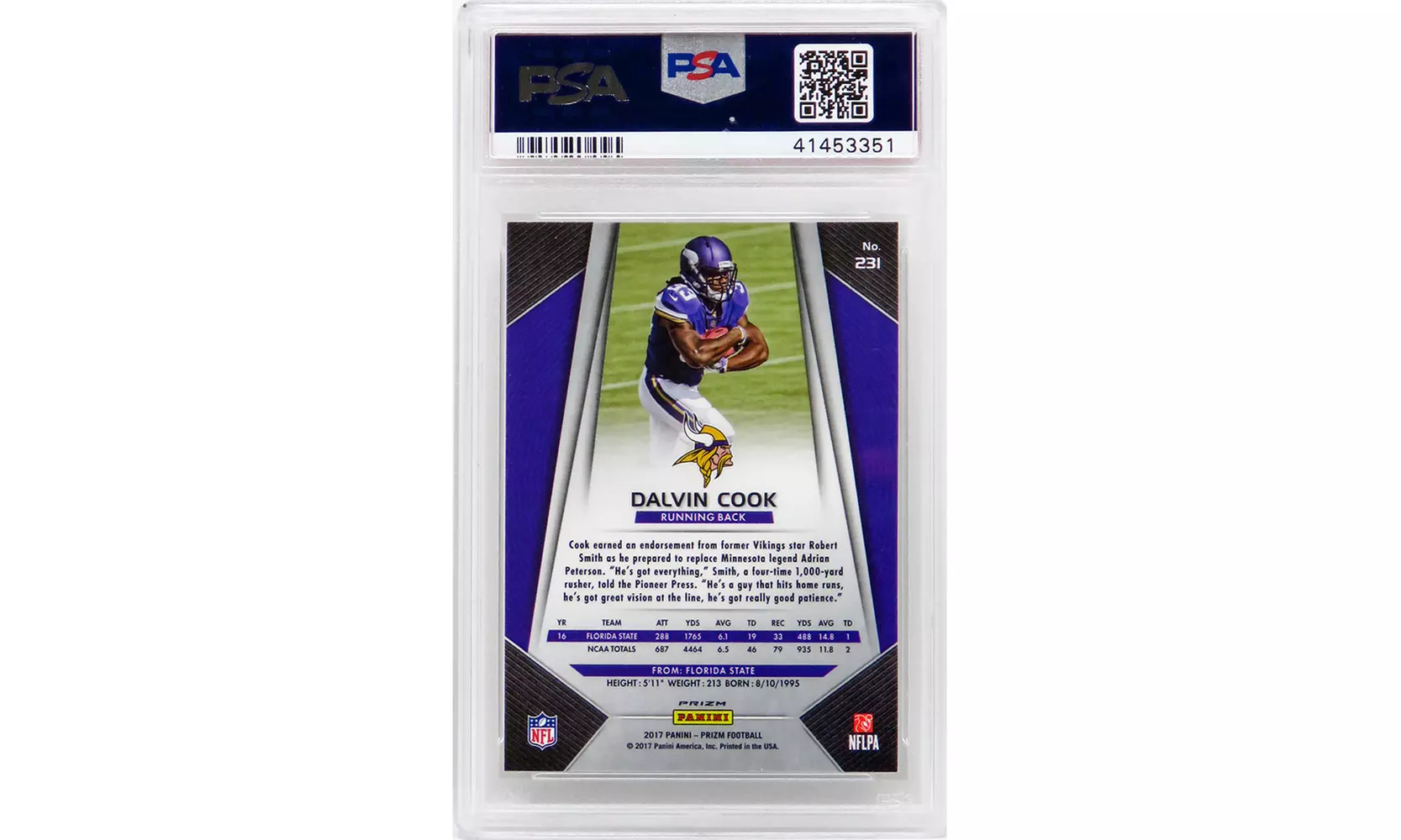 Dalvin Cook 2017 Panini Prizm Football #231 Prizm Rookie Card - PSA 10 GEM MINT - Second Medium