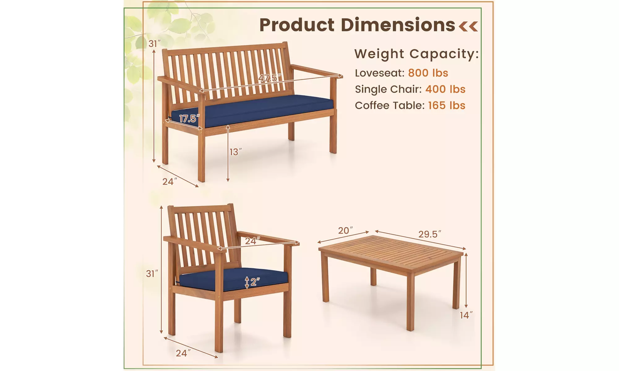 Costway 4 PCS Patio Wood Furniture Set with Loveseat, 2 Chairs & Coffee Table