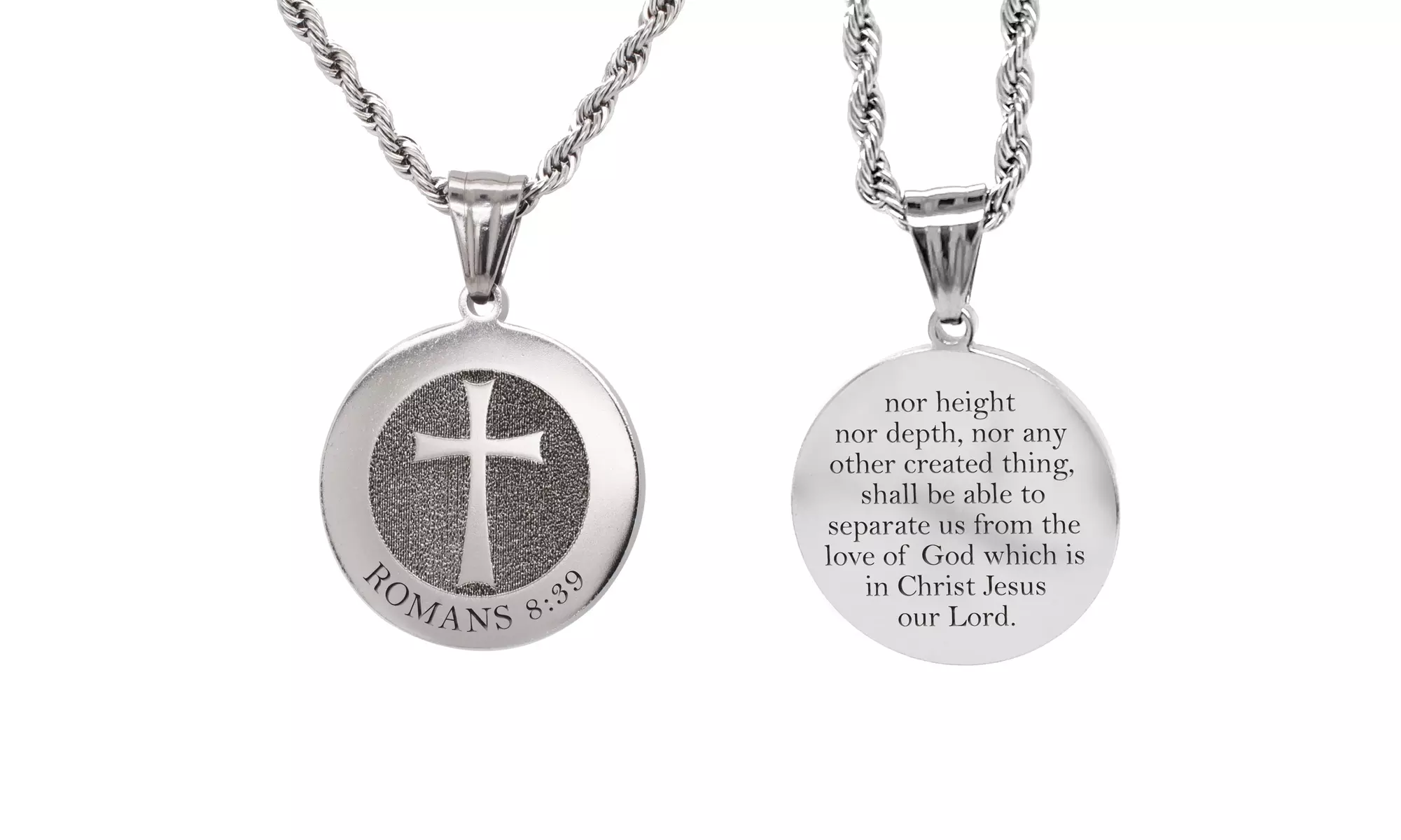 Solid Stainless Steel Round Scripture Tag Necklace By Pink Box - Primary Image