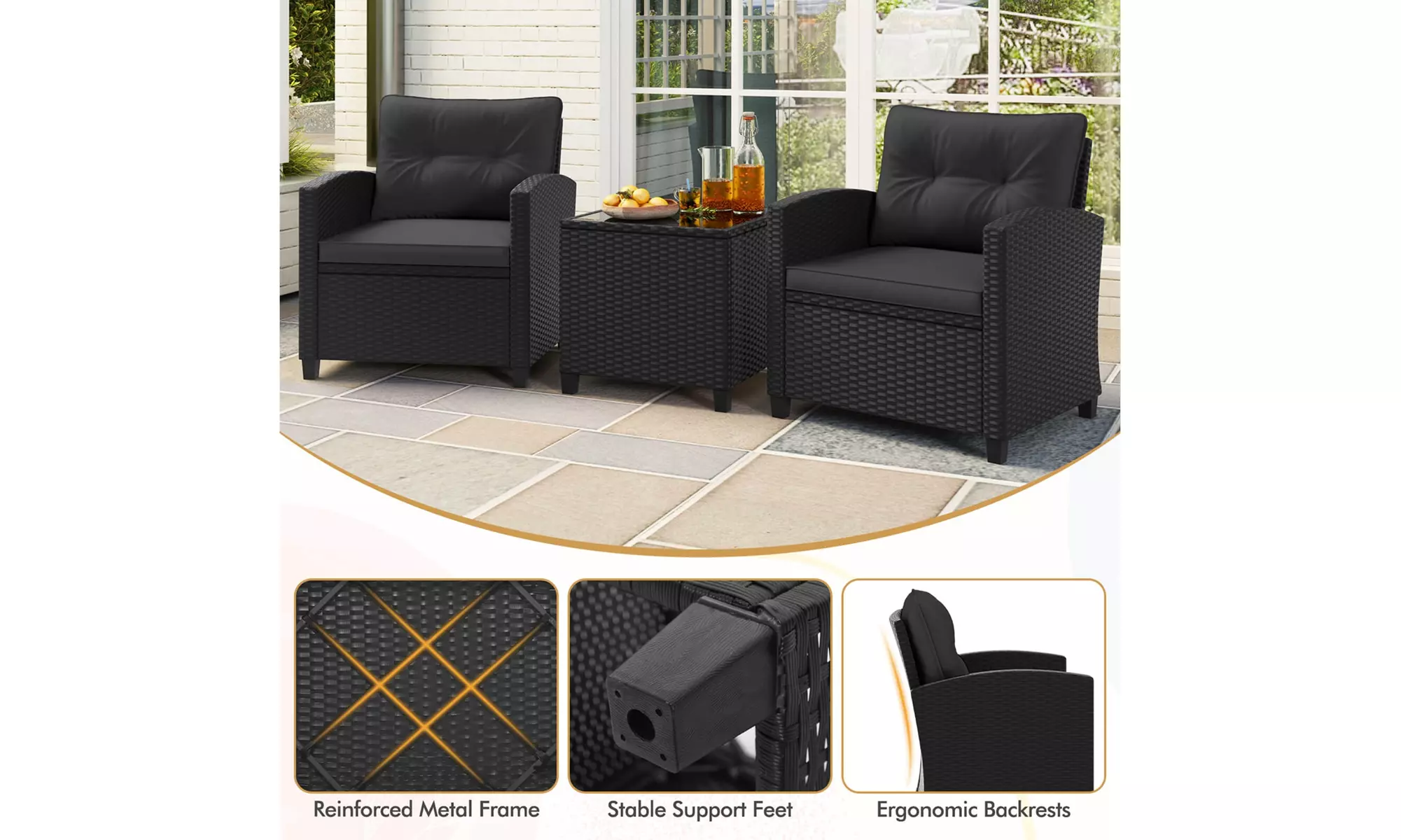  Three-Piece Costway Patio Furniture Set with Tempered Glass Coffee Table