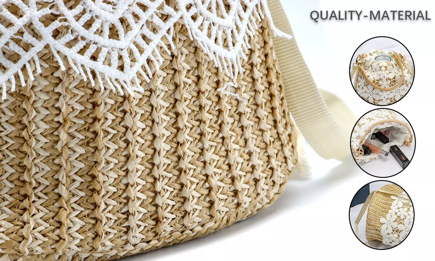 Women Woven Handbag Summer Beach Tote Straw Bag Square Rattan Shoulder Bag