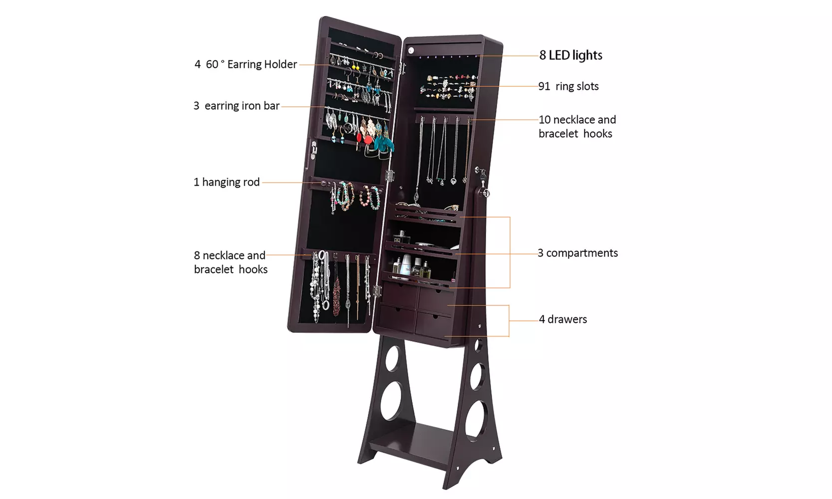 3-Layer Shelf,8 Blue LED Lights,Jewelry Storage,Adjustable Arc Mirror Cabinet  - Second Medium