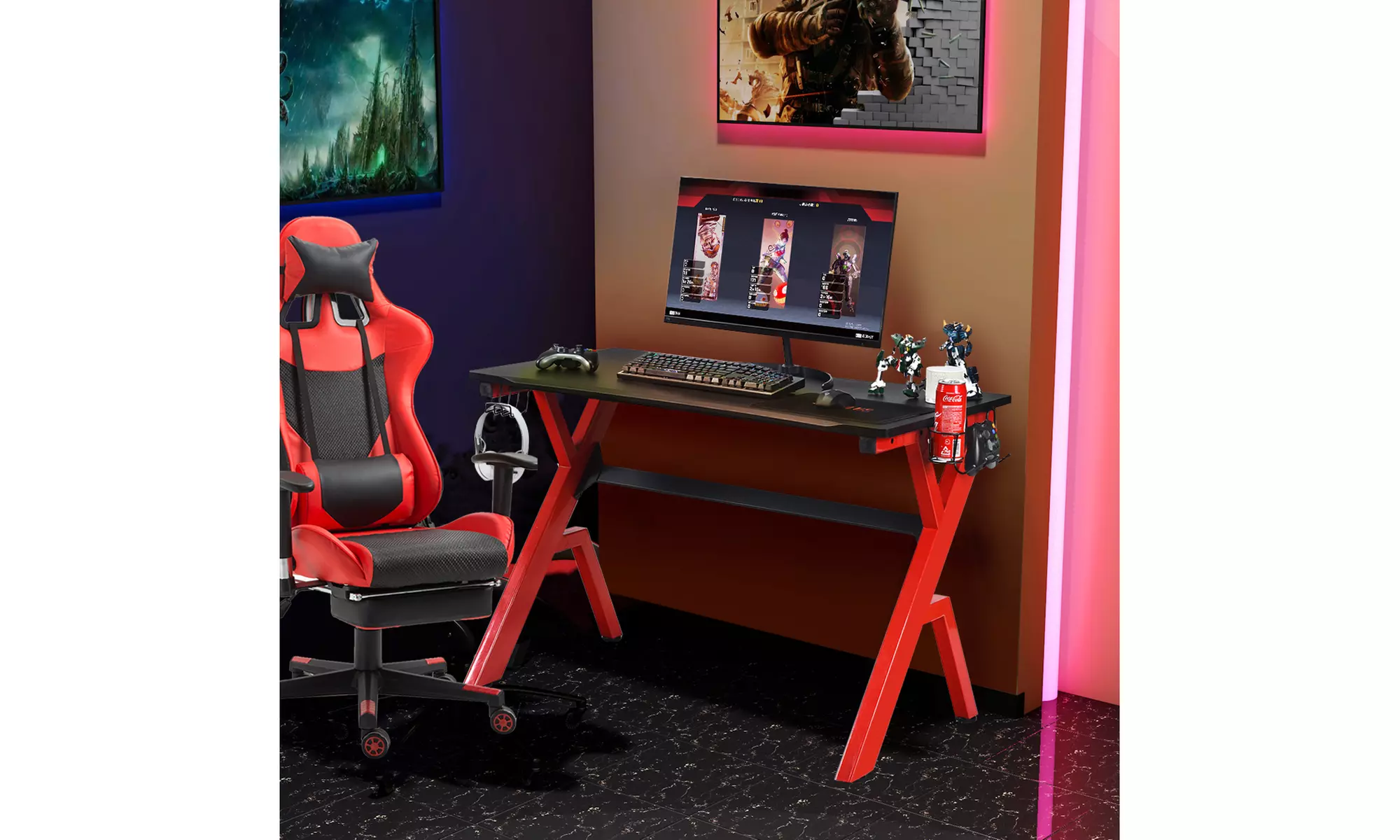 Gaming Desk Computer Desk w/Controller Headphone storage Mouse Pad & Cup Holder - Primary Image