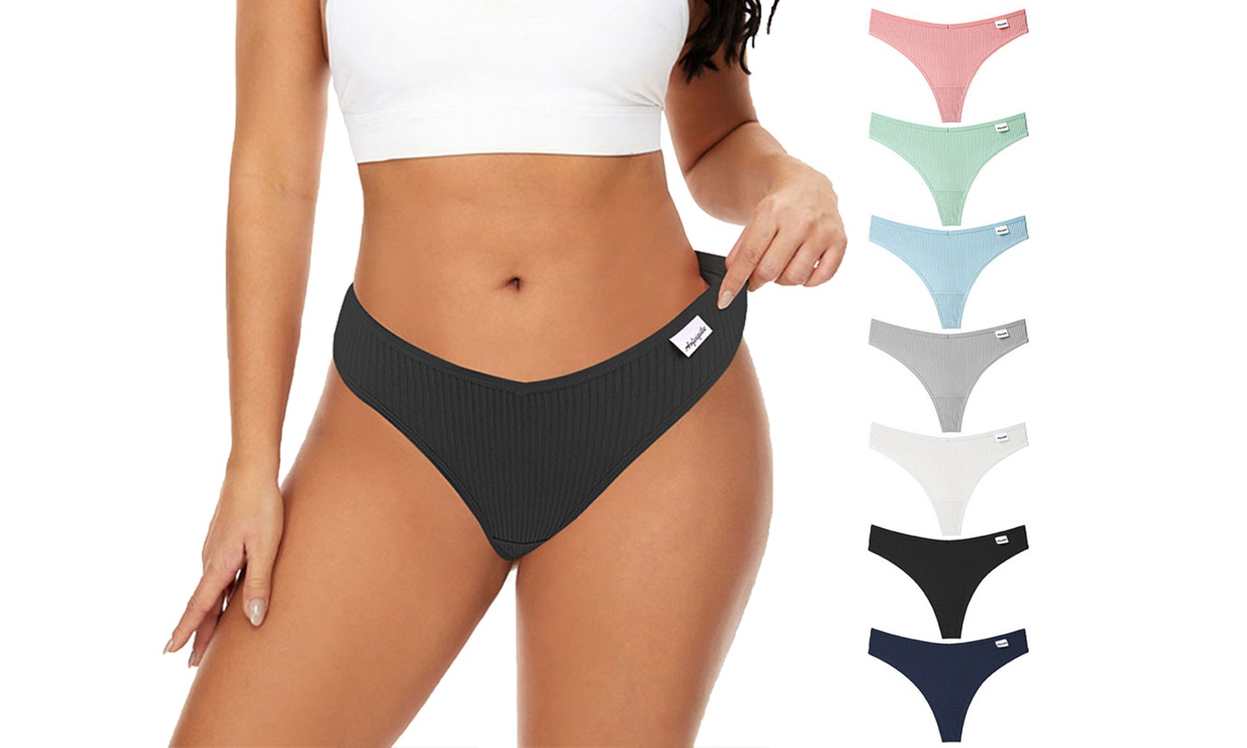 7 Pack Womens Cotton Underwear V String Stretch Bikini Panties Low Rise Hipster