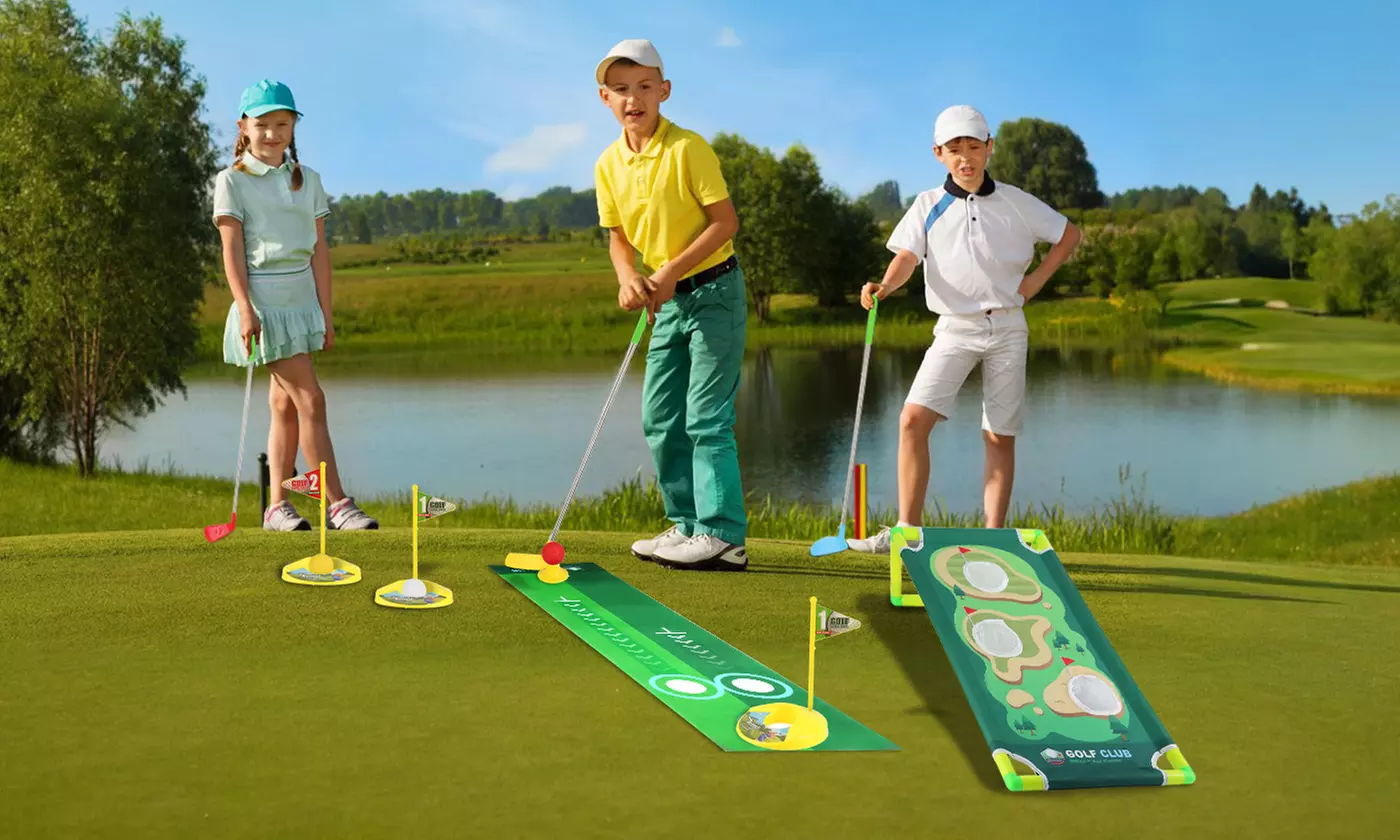 iMounTEK Kids Golf Play Set with Clubs Balls Putting Mat and Cornhole Game