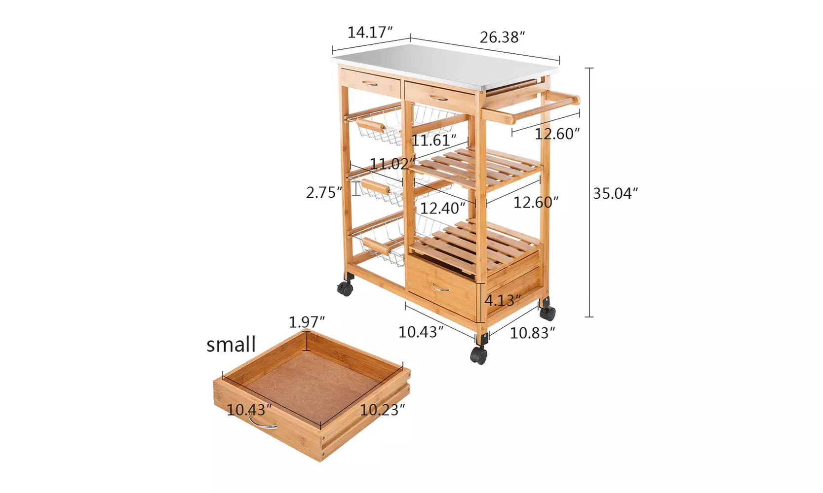 Wood Kitchen Trolley Cart Stainless Steel Top Rolling Storage Cabinet Island