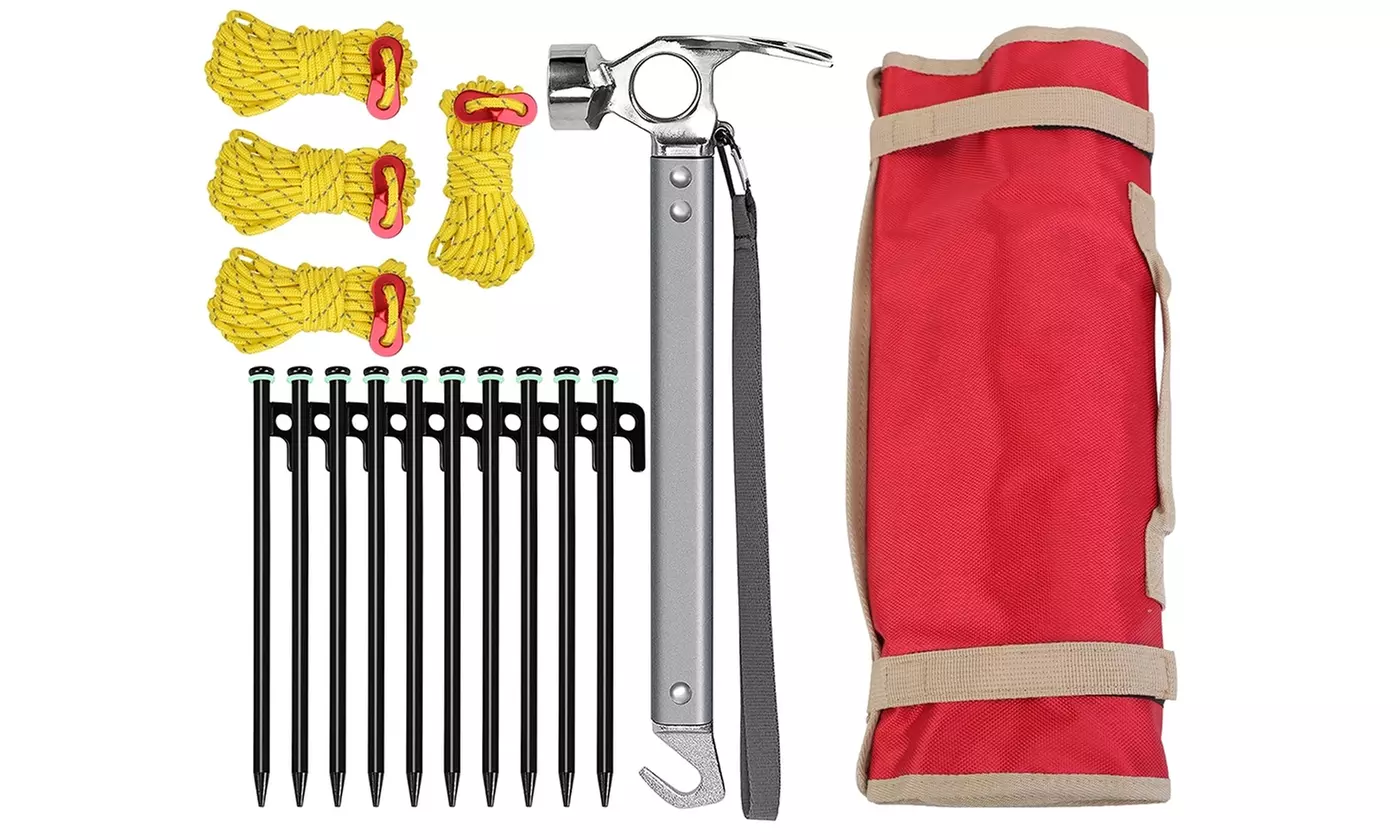 LakeForest Tent Stakes Set Tent Peg Stakes w/ Hammer & Reflective Rope (16pcs) - Primary Image