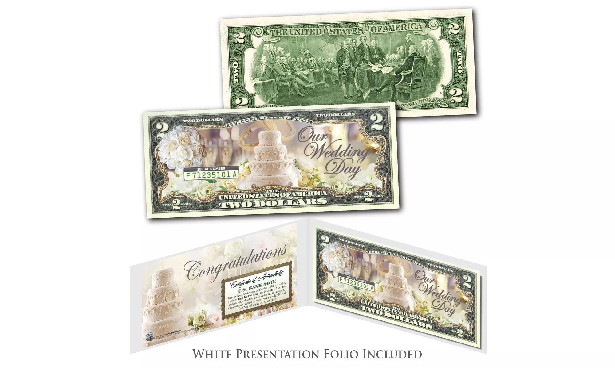 Wedding Day Congratulations Two-Dollar Bill and White Display Folio