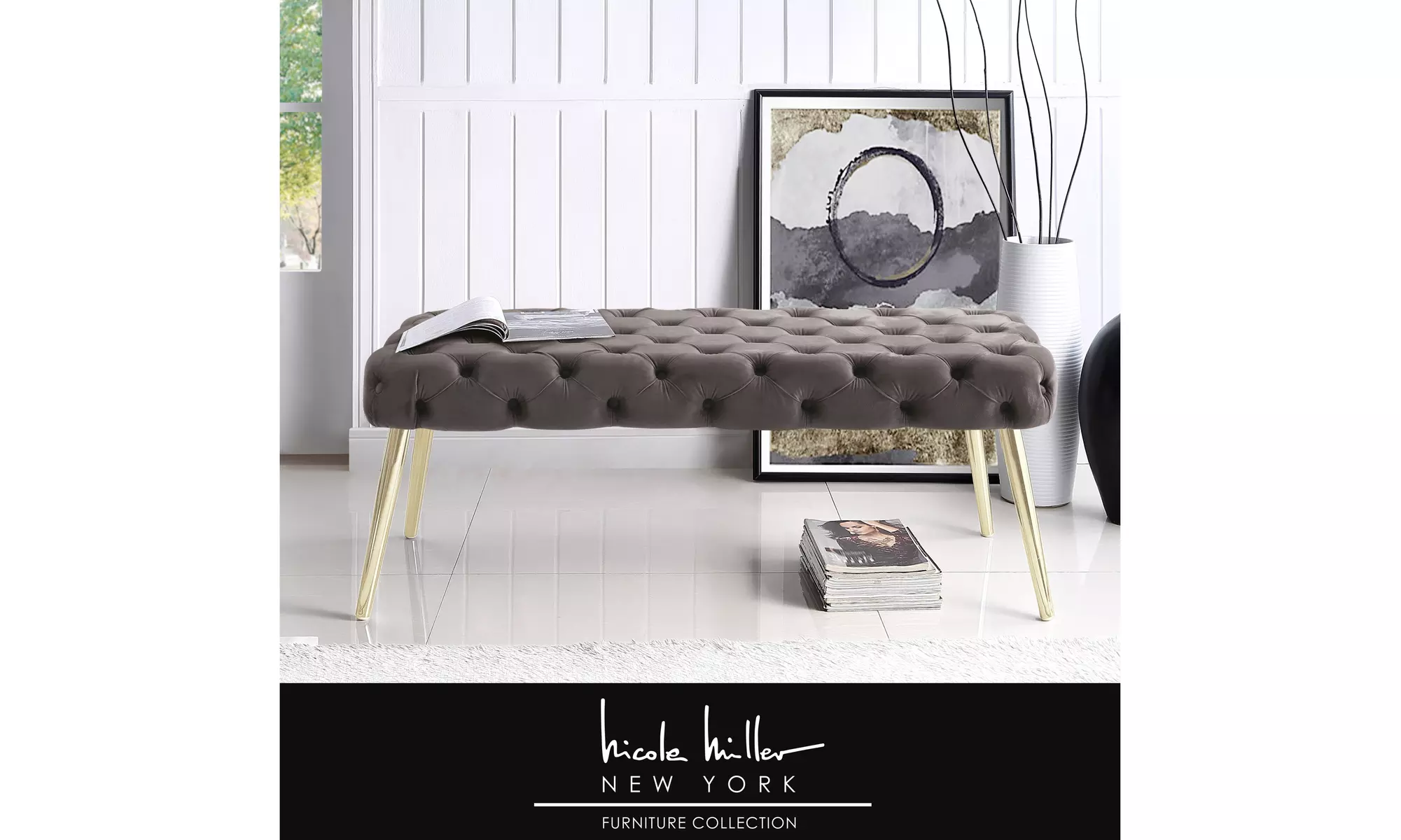Nicole Miller Marshall Velvet Button Tufted Bench with Metal Glossy Tapered Legs - Primary Image