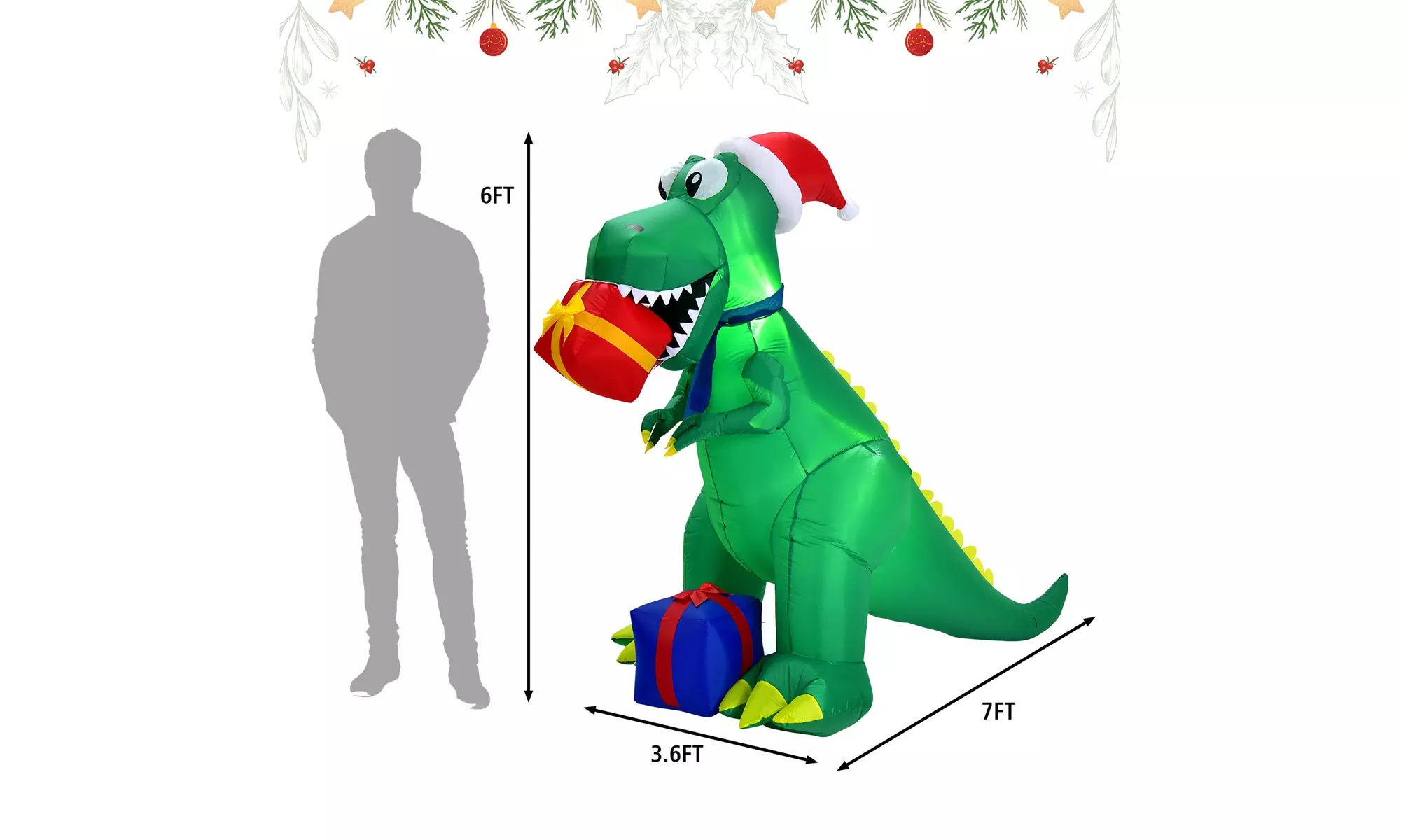 Costway 6Ft Christmas Inflatable Dinosaur Indoor & Outdoor Christmas Decoration