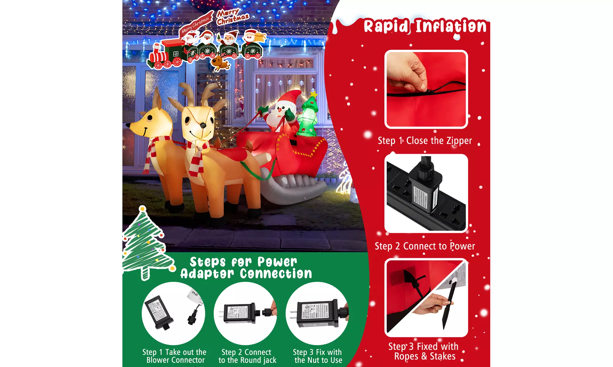 Costway 7.2 FT Inflatable Santa Claus Sleigh Reindeer LED Lights Christmas Tree