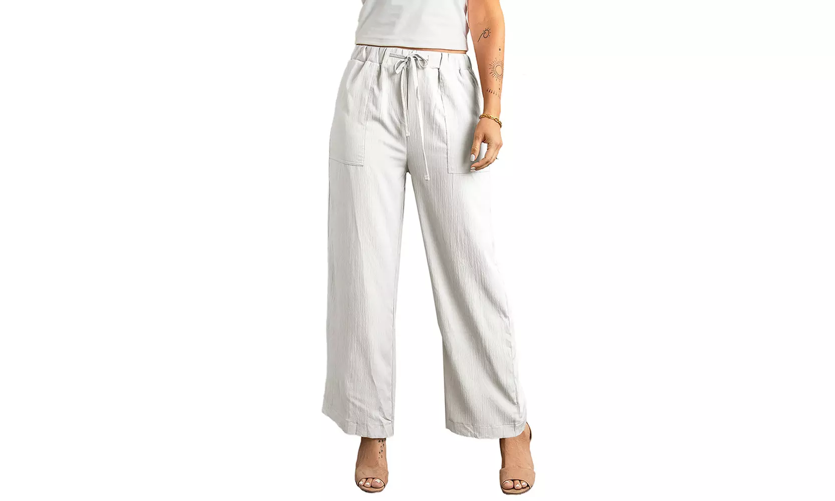 Women Drawstring Waist Crinkled Wide Leg Pants - Second Medium