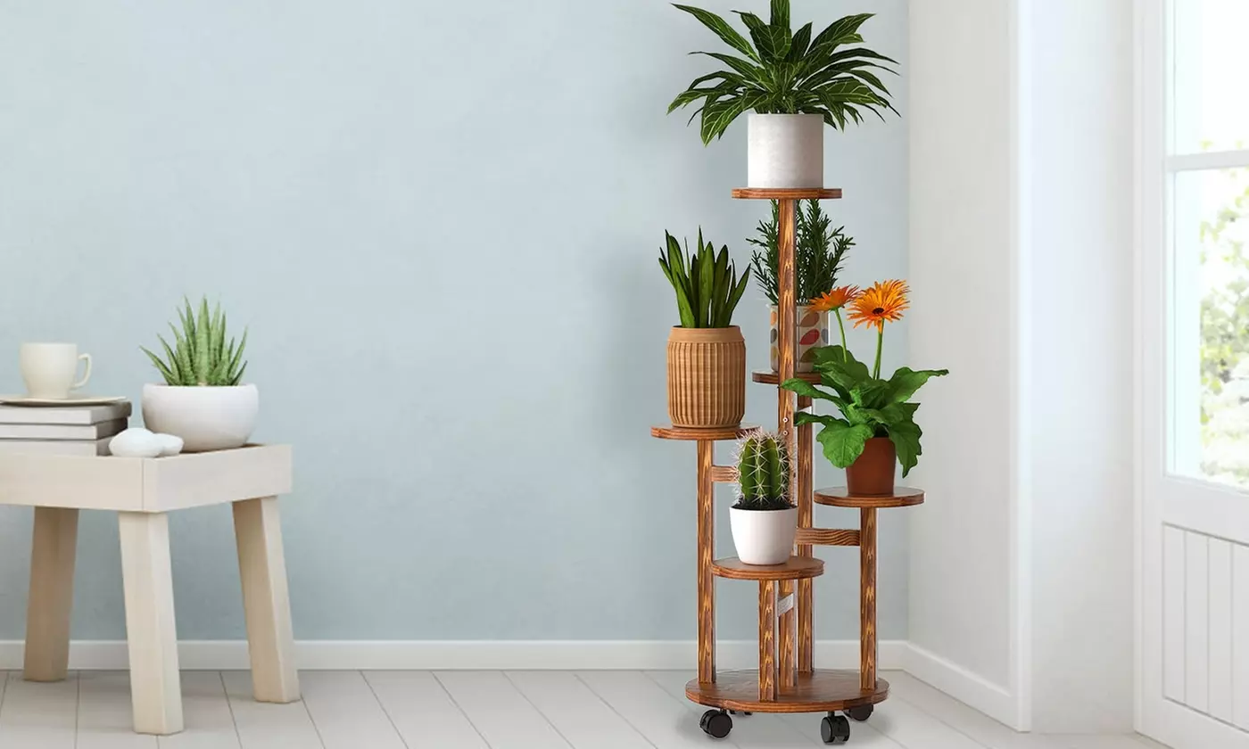 NewHome 5-Tier Wooden Plant Stand Shelf Tall Rolling Flower Pot Holder Rack