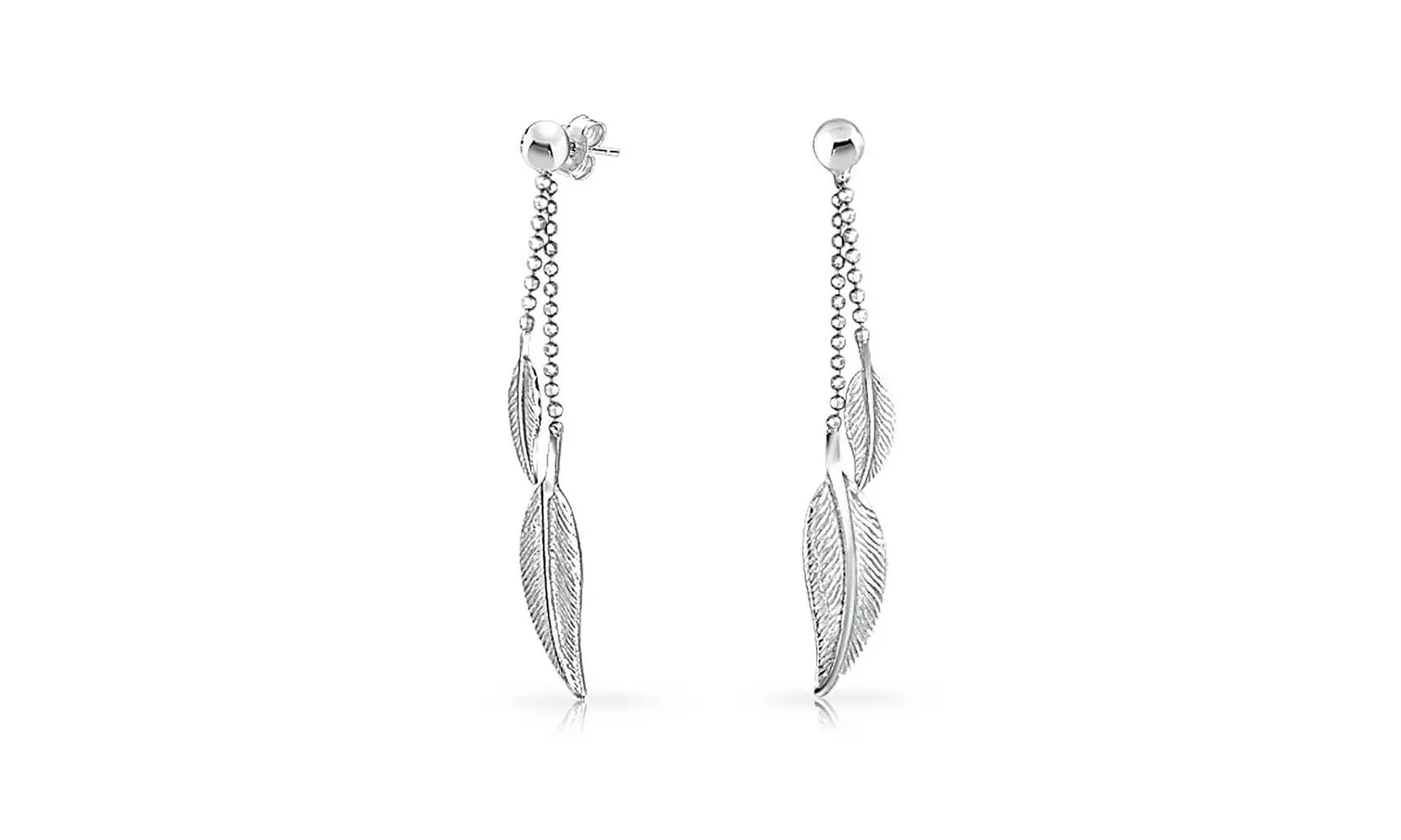 Bling Jewelry 925 Silver Beaded Ball Chain Dangle Feather Earrings - Second Medium