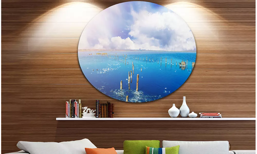 Blue Salt Lake under Clouds' Large Seascape Art Metal Circle Wall Art - Primary Image