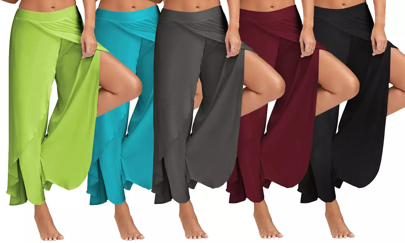 Womens High Split Yoga Pants Solid Elastic Waist Wide Leg Wrap Long Pants - Primary Image