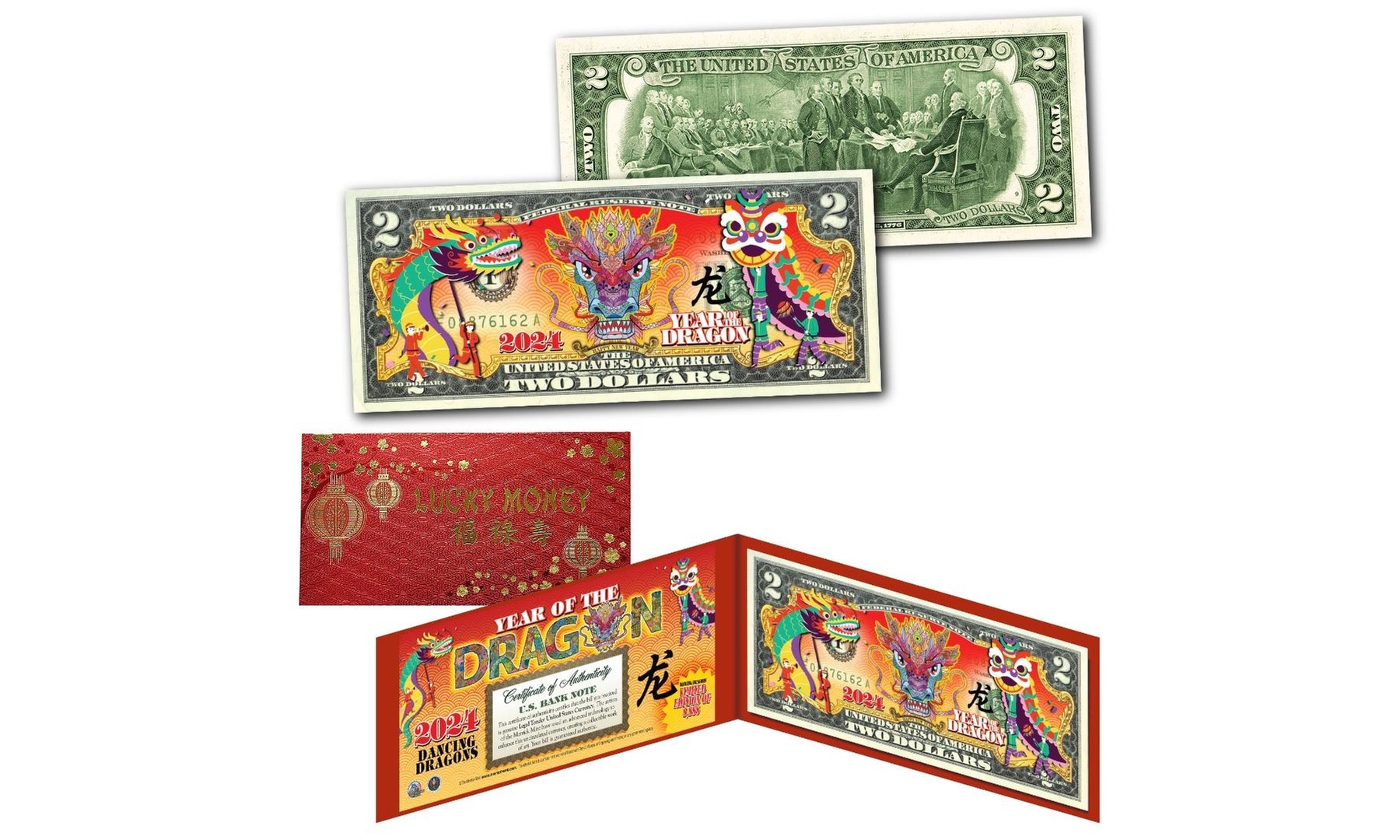2024 Dancing Dragons Chinese New Year of the Dragon 2 Dollar Bill Ltd 8888
