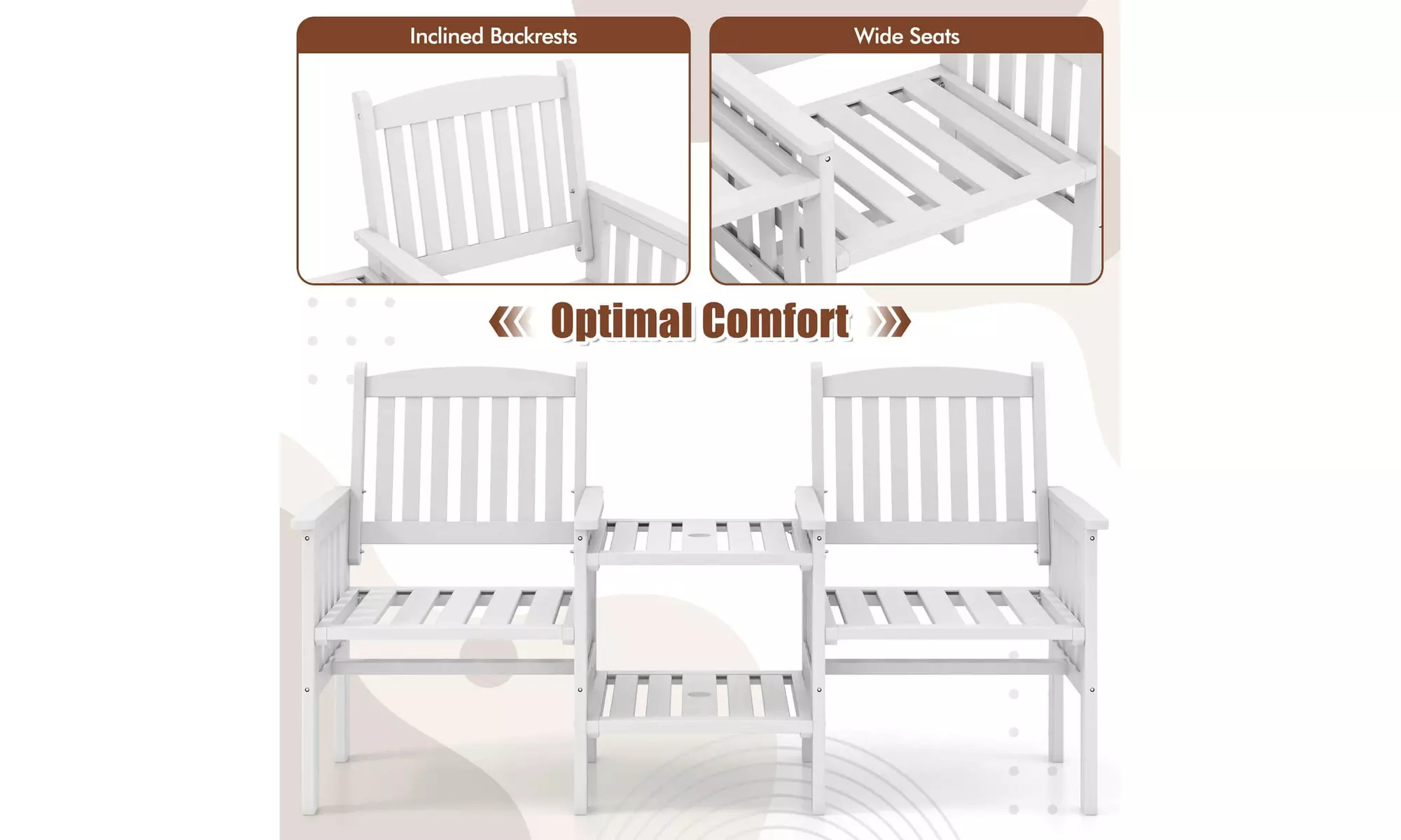 Costway Outdoor Fir Wood Loveseat with 2-Tier Side Table and 1.96" Umbrella Hole