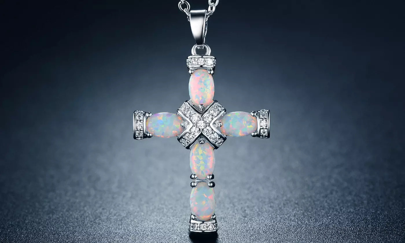 Genuine Rhodium Plated White Fire Opal Fancy Cross Necklace
