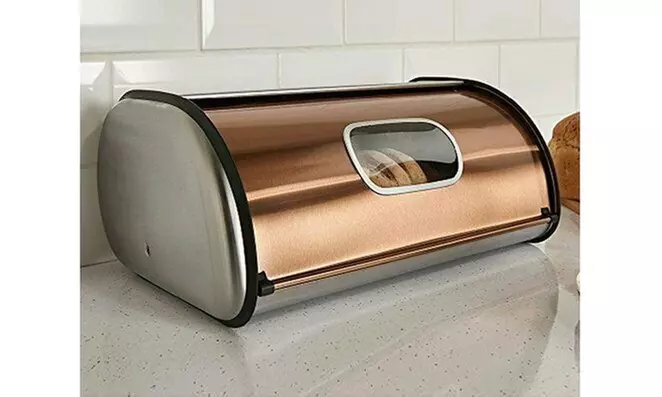 Copper & Stainless Steel Bread Box Roll Top 2 Loaf Capacity Bread Box W Window - Primary Image