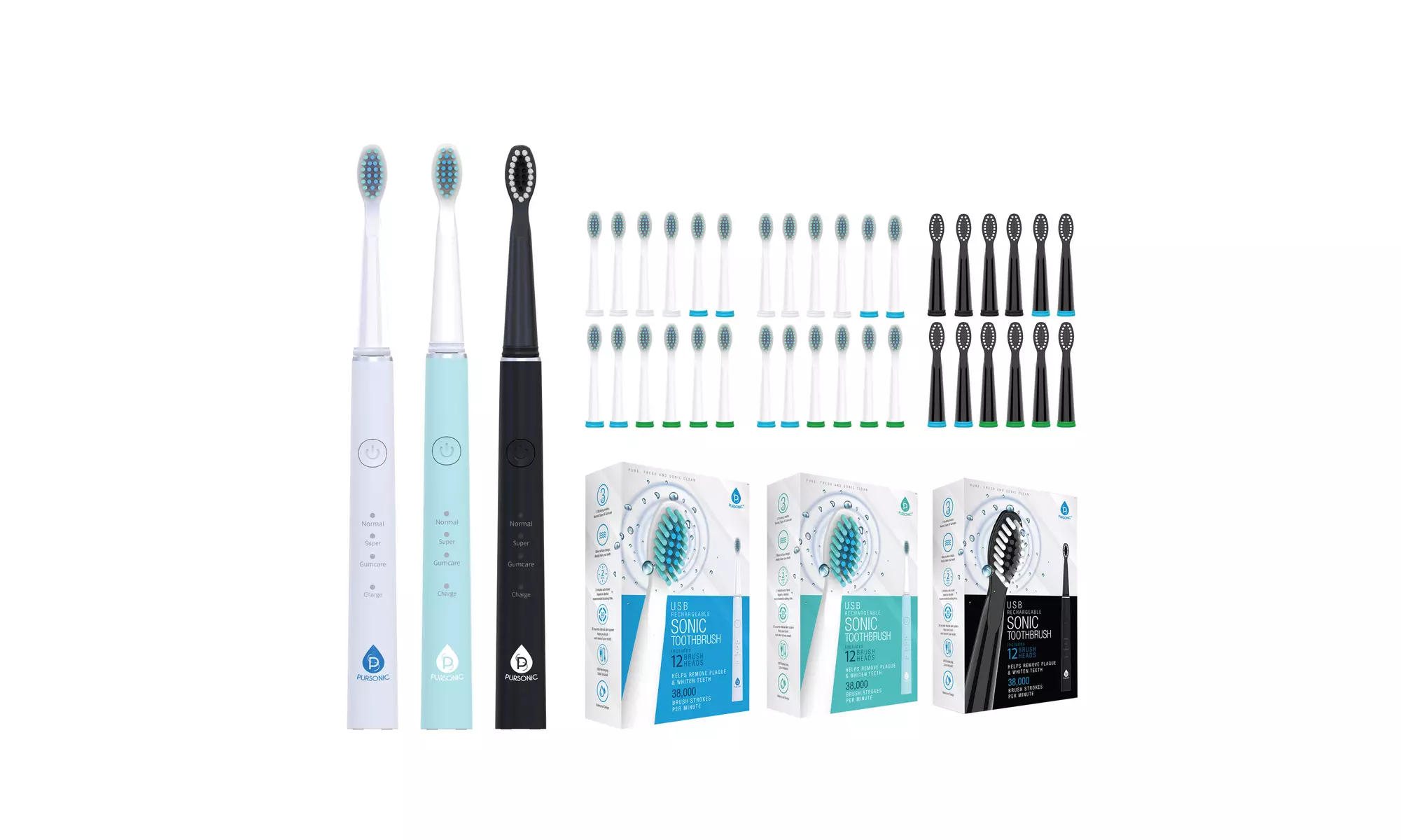 Pursonic USB Rechargeable Toothbrush-12 Brush Heads!- 38,000 Strokes Per Minute - Primary Image