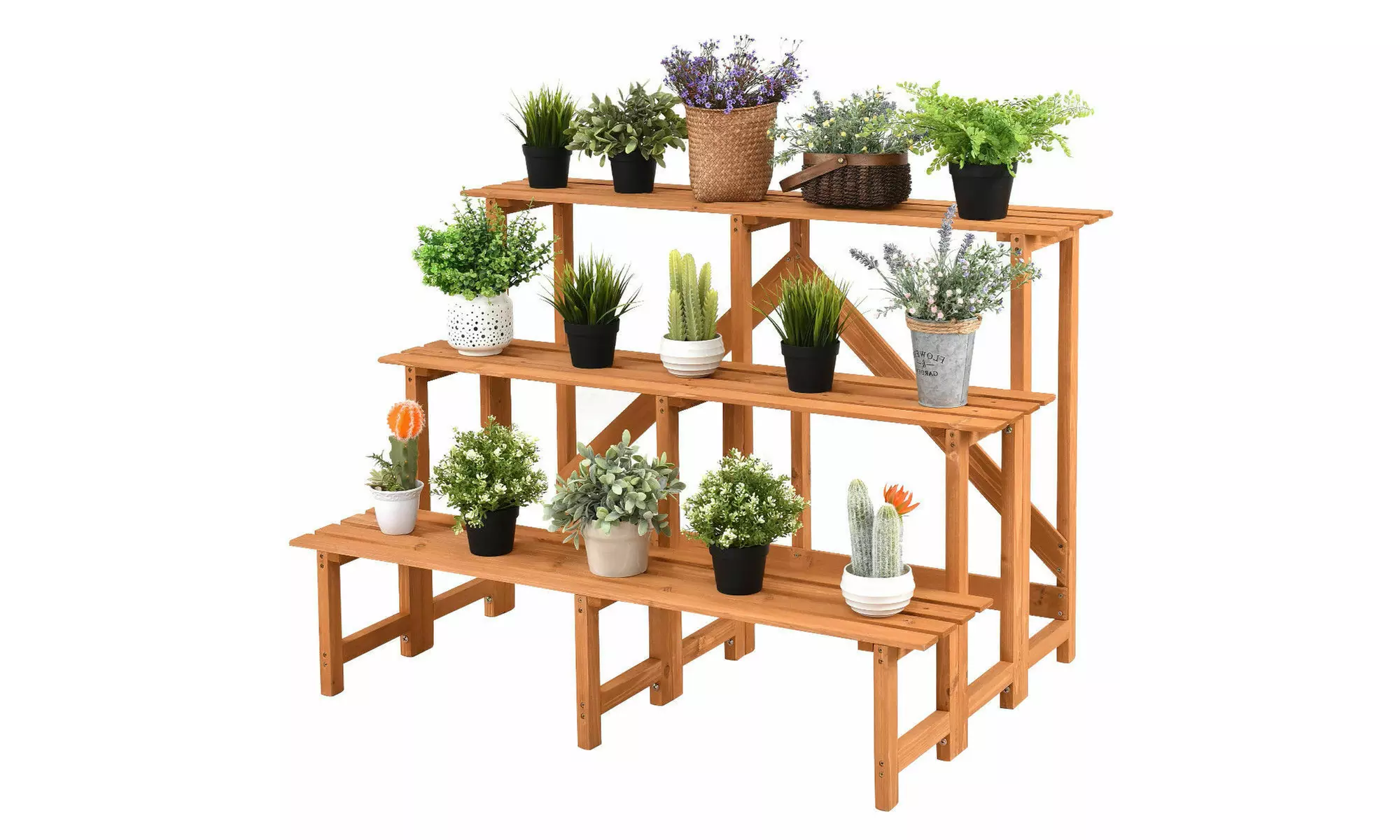 3 Tier Wide Wood Plant Stand Flower Pot Holder Display Rack Shelves Step Ladder - Primary Image
