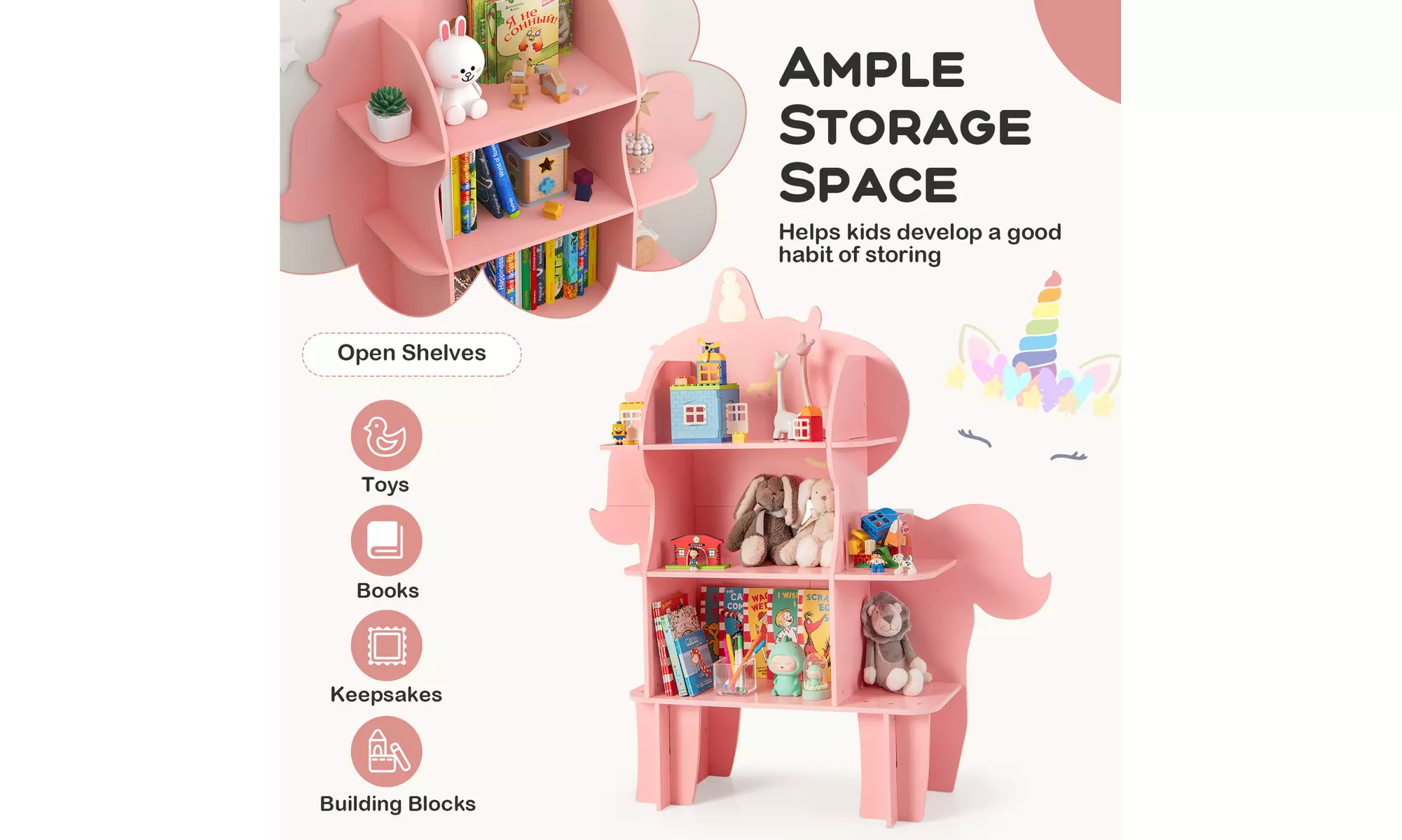 Costway Animal Bookcase for Kids 2/3/4-Tier Toy Storage Organizer Open Shelves