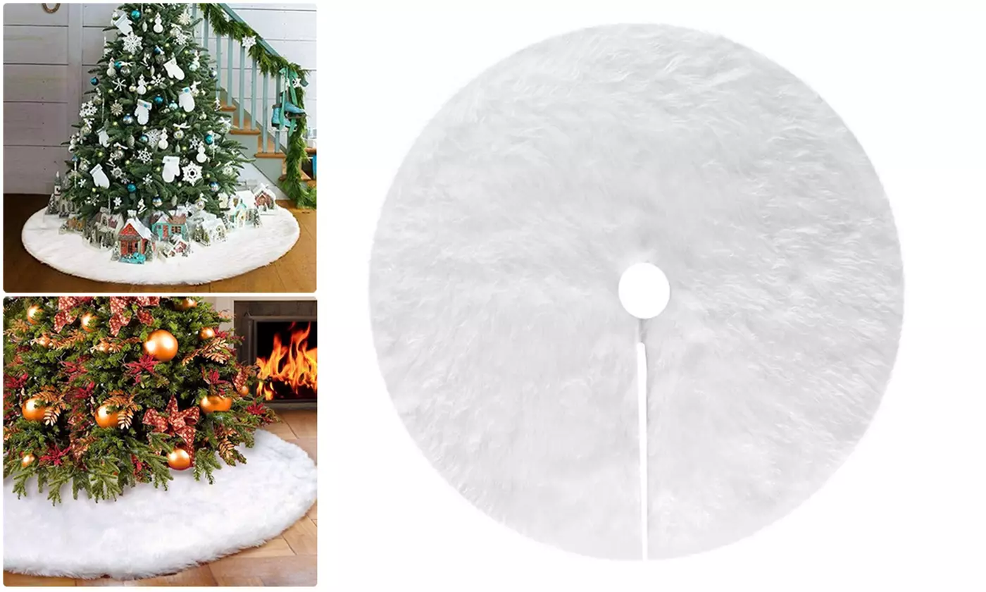 Christmas Tree Skirt Plush Floor Faux Fur Mat Home Xmas Snowflake Cover Ornament - Primary Image