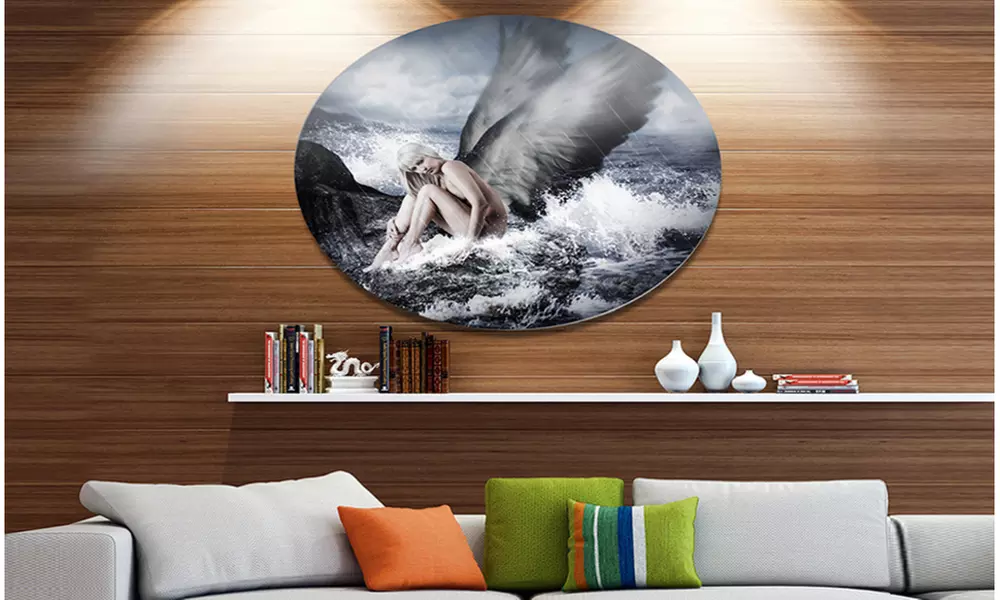 Sexy Blonde Woman with Angel' Disc Oversized Abstract Metal Art - Primary Image