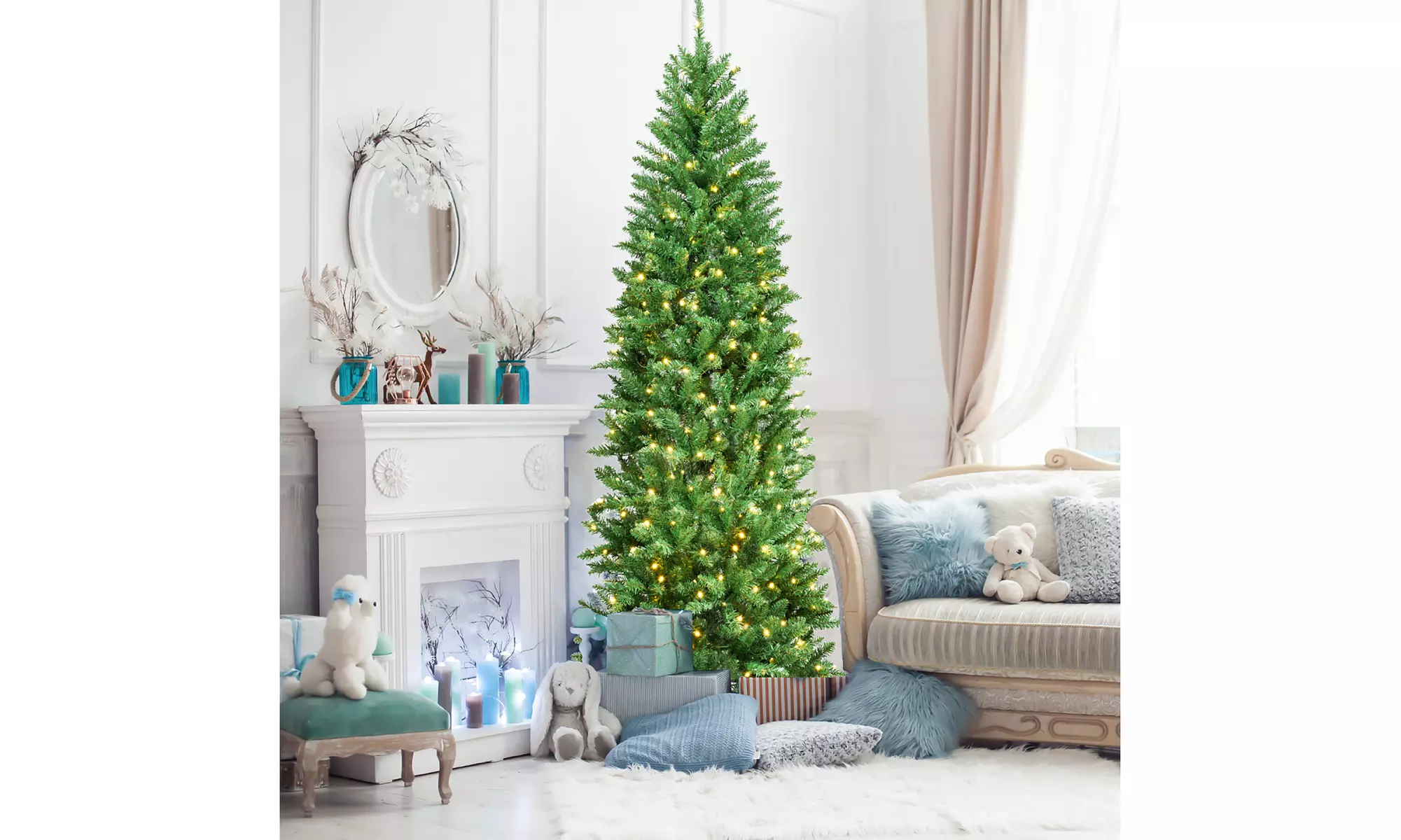 Costway 7Ft Pre-lit Artificial Pencil Hinged PVC Christmas Tree/350 LED Lights