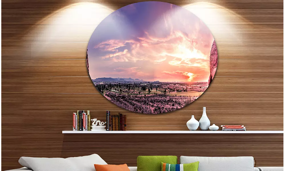 Evening Red Sky over Phoenix Arizona' Landscape Metal Circle Wall Art - Primary Image
