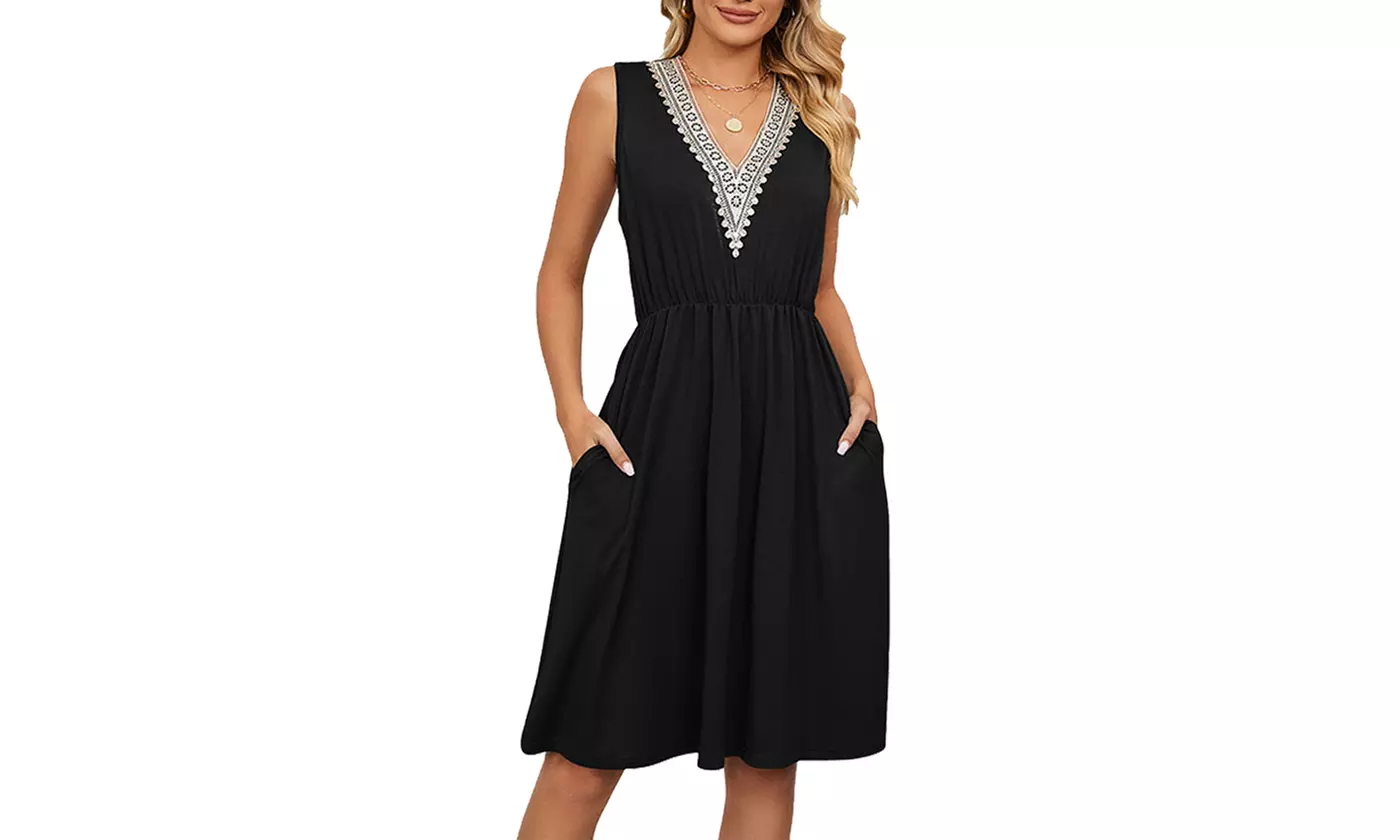 Women's Casual V-Neck Summer Dresses Sleeveless Midi Sundress with Side Pockets