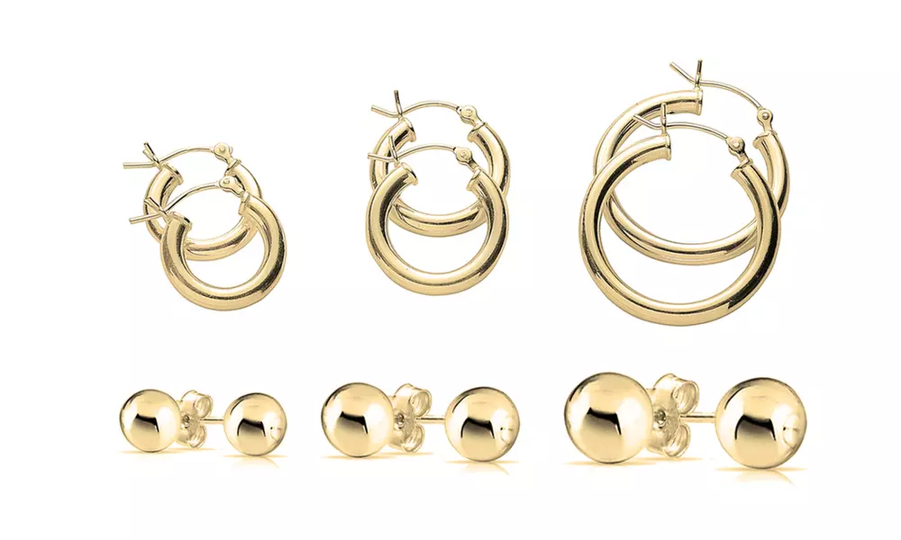6 Pack Italian Hoop and Ball Stud Earrings in 14K Gold Plated 