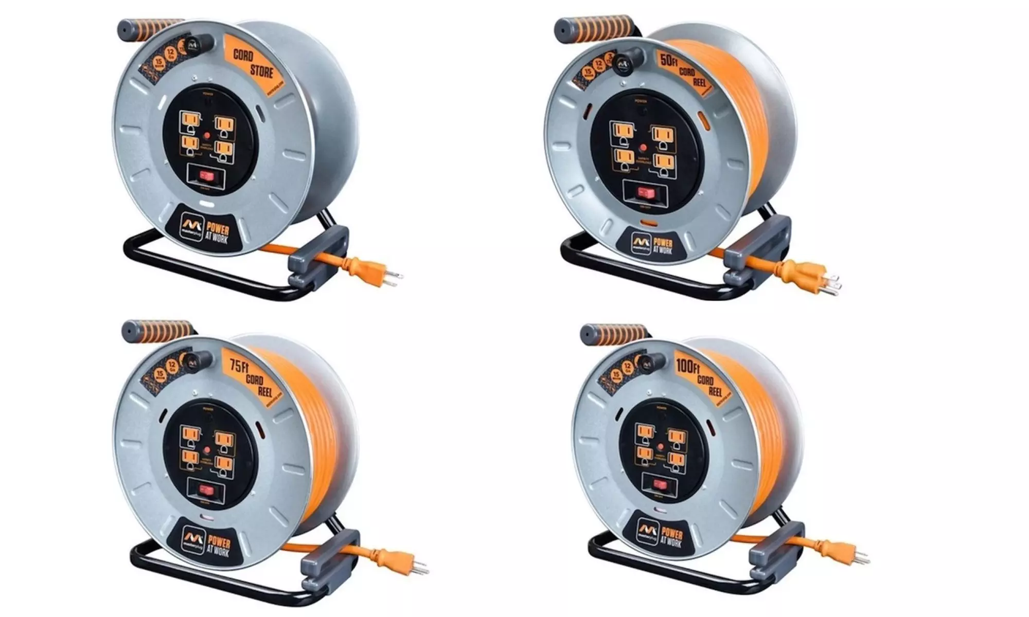 Masterplug Heavy Duty Metal 12 Gauge Extension Cord Reels w/ Integrated Outlets - Primary Image