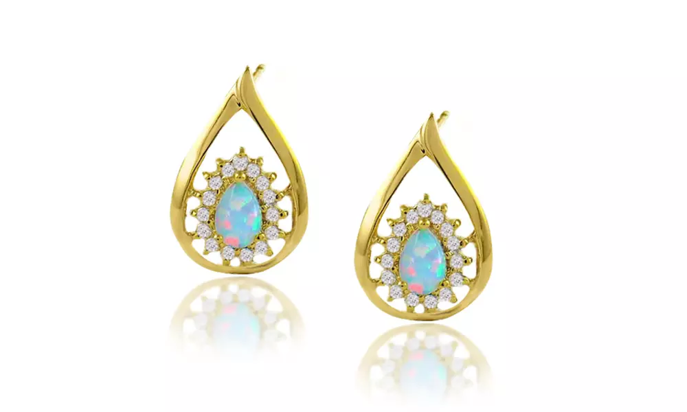 White Ethiopian Opal Tear Drop Stud Earrings in 18k Yellow Gold - Primary Image