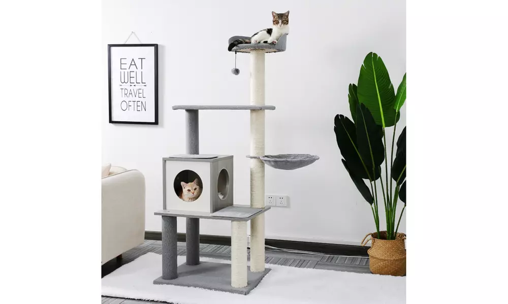 Modern Cat Tree Cat Tower with Scratching Posts, Cozy Condo, Soft Hammock - Primary Image