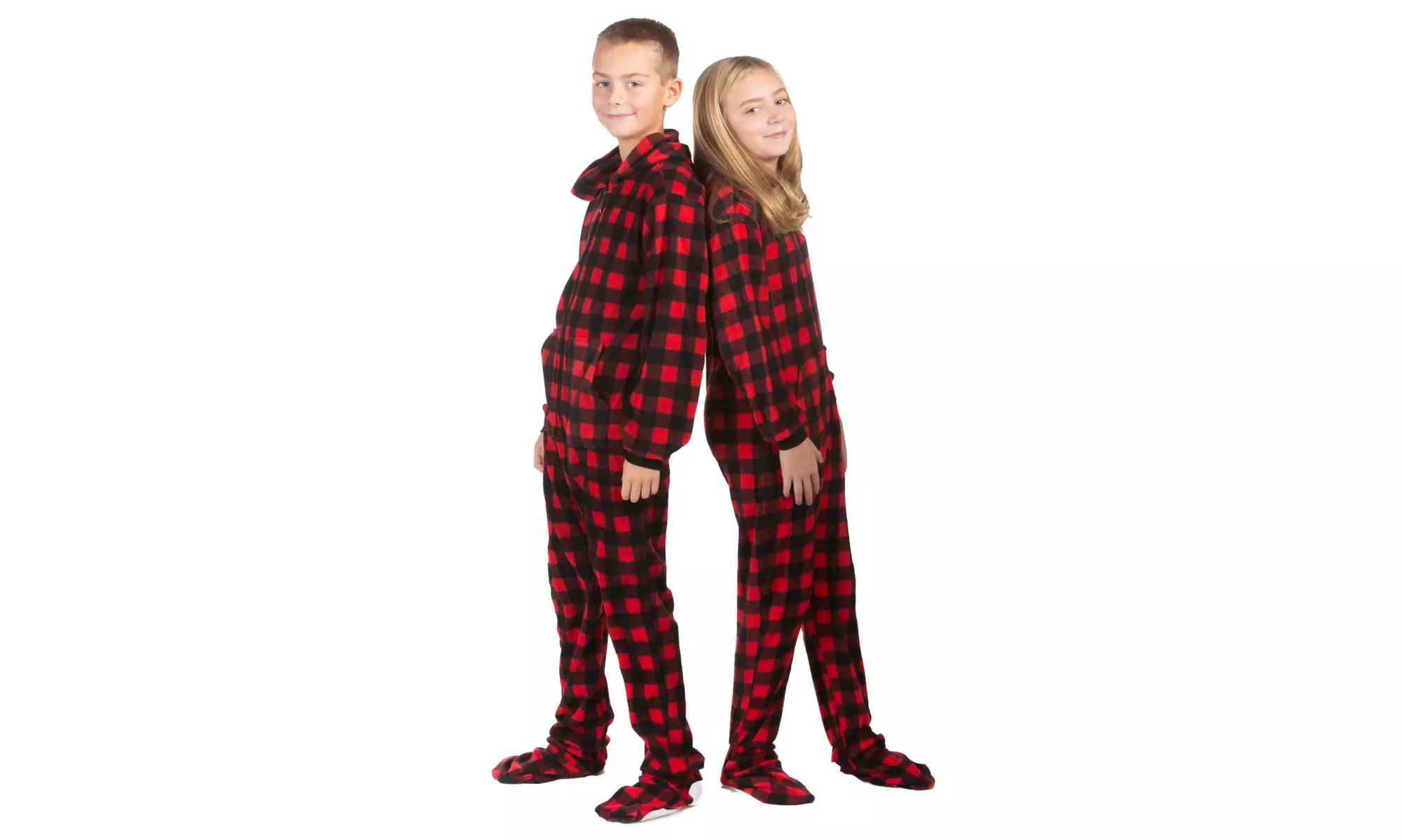 Hoodie Onesie Red & Black Buffalo Plaid Footie Pajamas for Kids - Second Medium