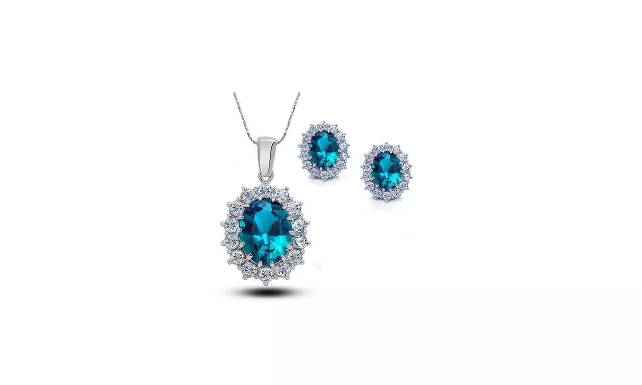24k white Gold plated 4 Ct Oval 18 Inch Aquamarine Necklace And Earring Set - Primary Image