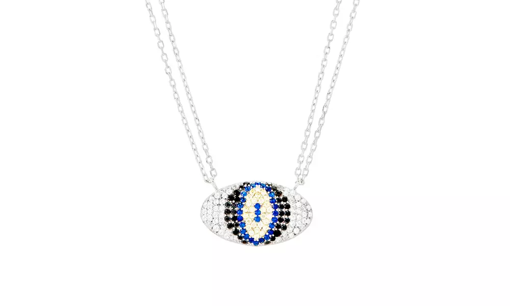 18K White Gold Sterling Siler Multi Color CZ Oval Evil Eye Teardrop Necklace - Second Medium