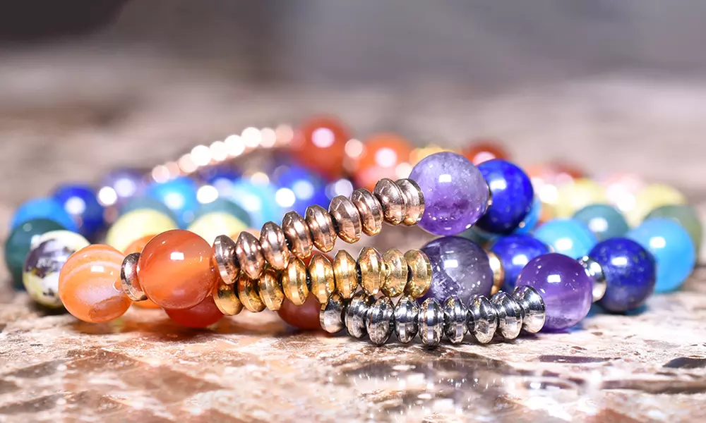 3 Pack: Genuine Gemstone Healing Chakra Beaded Bracelets by Pink Box - Primary Image