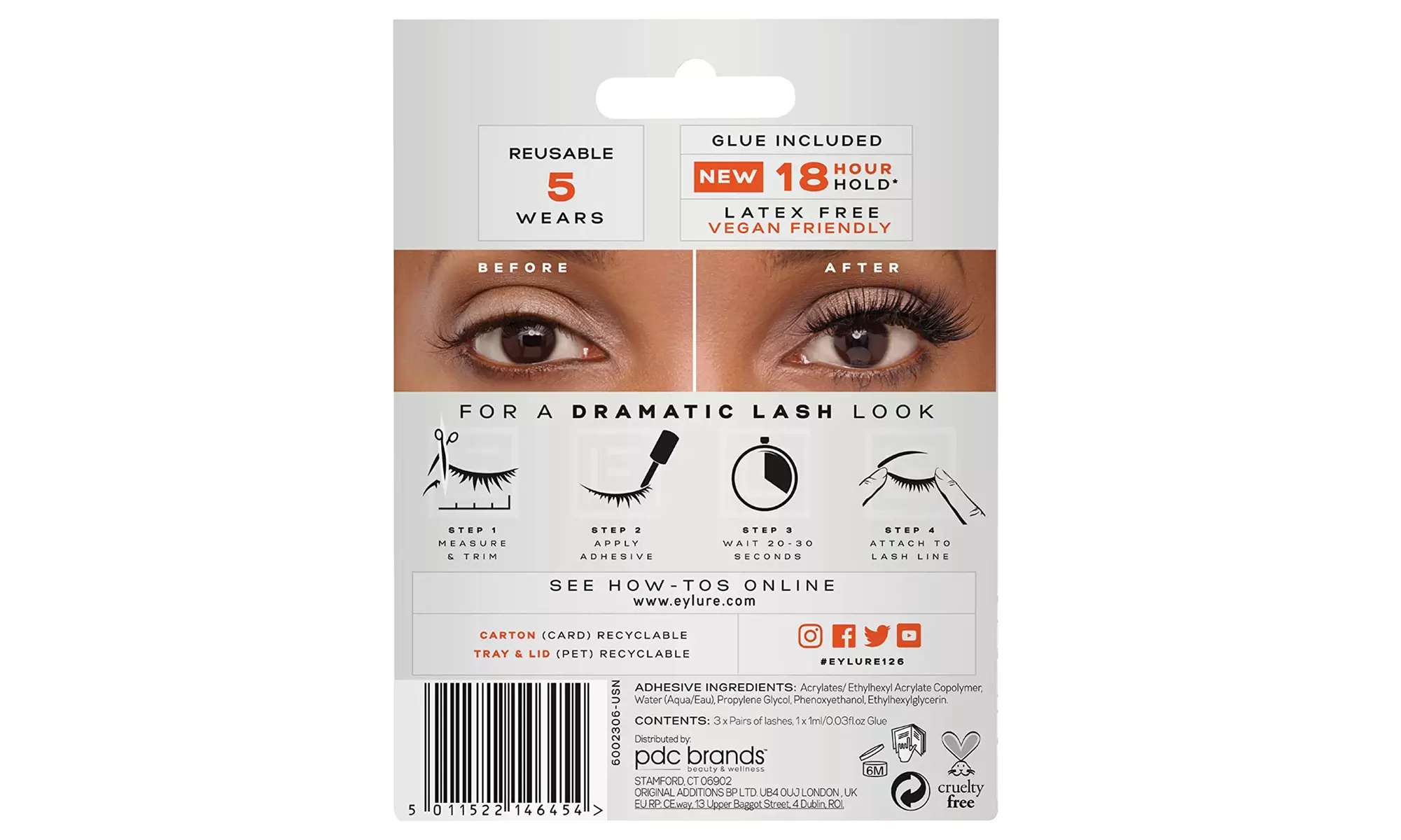Eylure False Lashes, Definition No. 126 with Adhesive Included, 3 Pair, Black - Second Medium