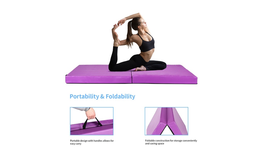 Image 6: 6'x3.2'Gymnastics Mat Thick Two Folding Panel Fitness Exercise Purple Portable