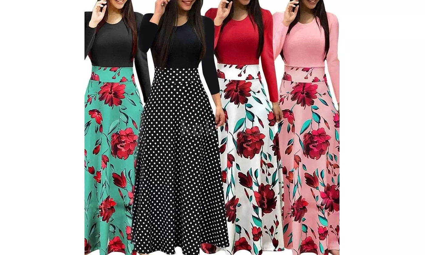 Women General Fashion Dress Long-sleeved High Waist Long Flower Print Dress - Primary Image