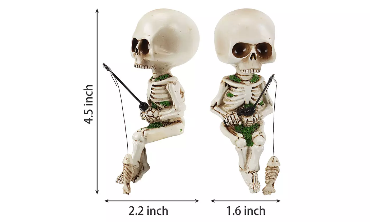 Skeleton Fishing Statue Garden Decor Halloween Art Courtyard Sculpture Resin