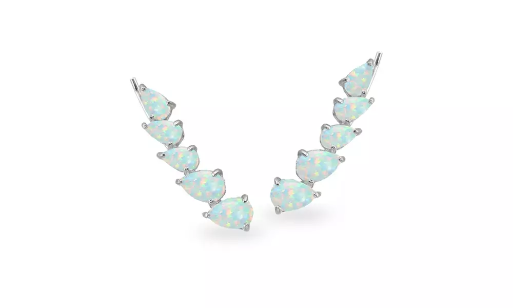 Opal Teardrop Curved Climber Crawler Earrings in 925 Sterling Silver - Primary Image