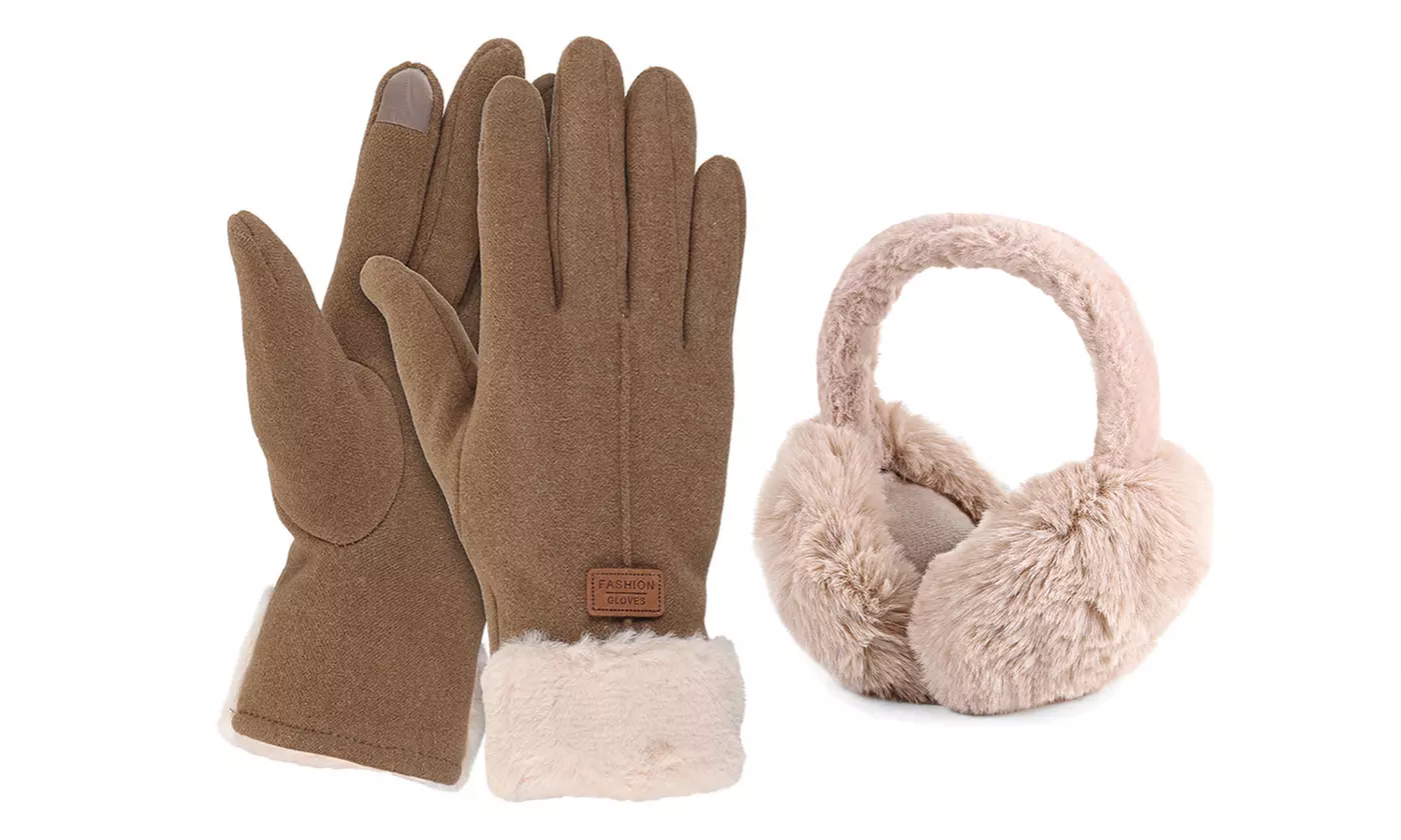 Womens Winter Glove Foldable Faux Fur Earmuffs Set