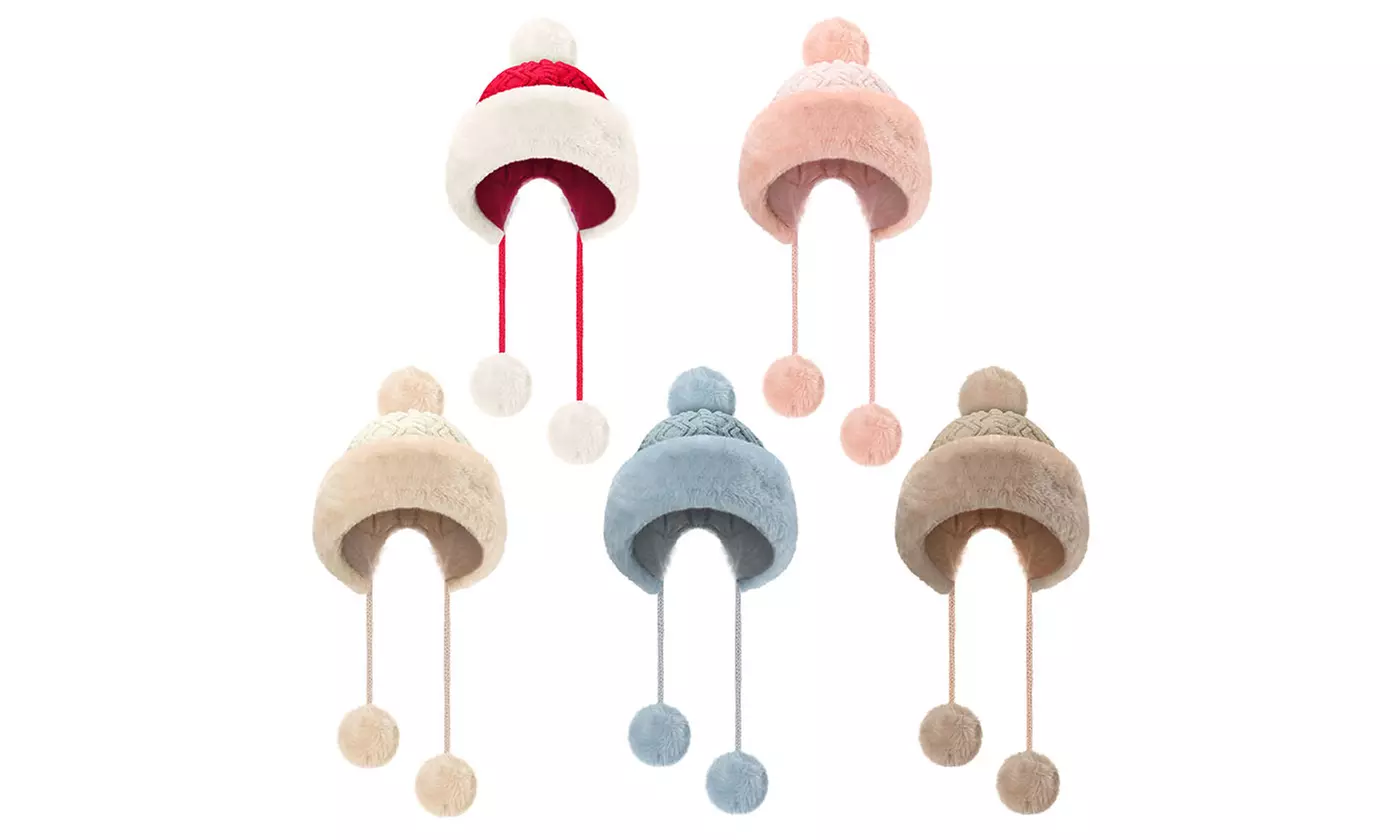 Women Winter Warm Faux Fur Knit Pom Pom Hat Beanie Bobble Ski Fleece Lined 