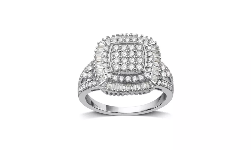1 CTTW Diamond Fancy Double Halo Engagement Ring in Sterling Silver By DeCarat - Primary Image