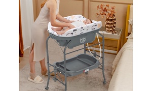 Costway Baby Changing Table w/Bathtub, Folding & Portable Diaper Station Wheels